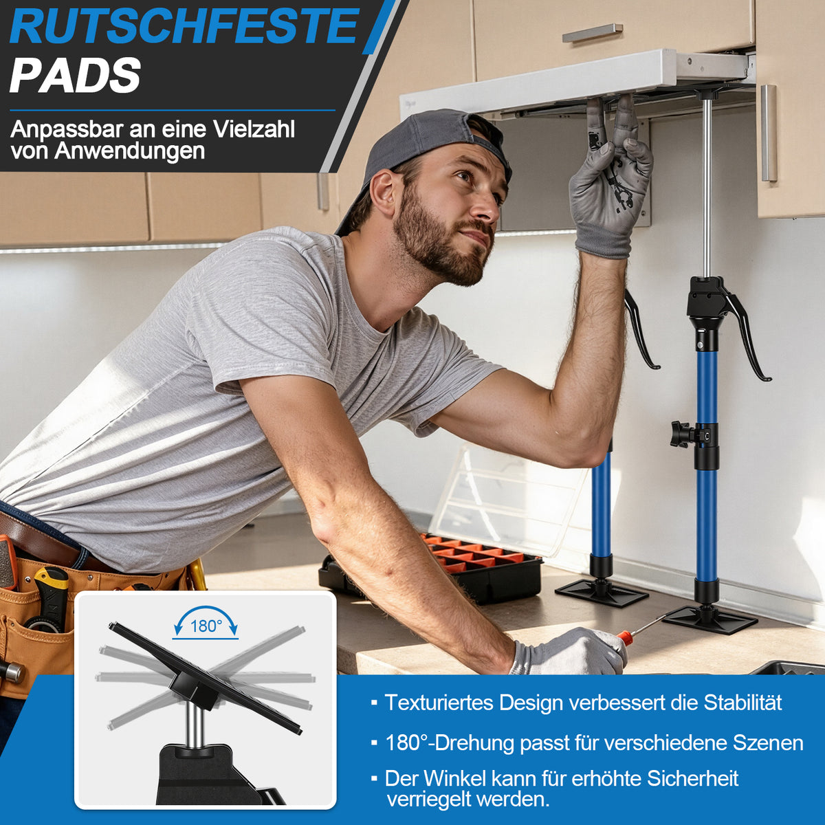 2er- bzw. 4er-Set Multifunktionale Stützstange | Doppelte Befestigungsvorrichtung + Griff aus Aluminiumlegierung | Höhenverstellbar von 40–60 cm, Stützwinkel 90°/45°, geeignet für die vorübergehende Befestigung von Hängeschränken, Wandpaneelen und Platten