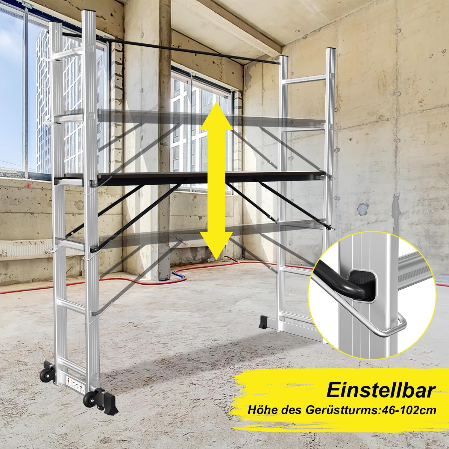 Gerüst, 4 in 1 Alu Multifunktionsleiter 6+6 Stufen, Mobile Mehrzweckleiter mit Plattform und 2 Räder, Arbeitsgerüst, Arbeitsbühne, Belastbar bis max. 150 Kg