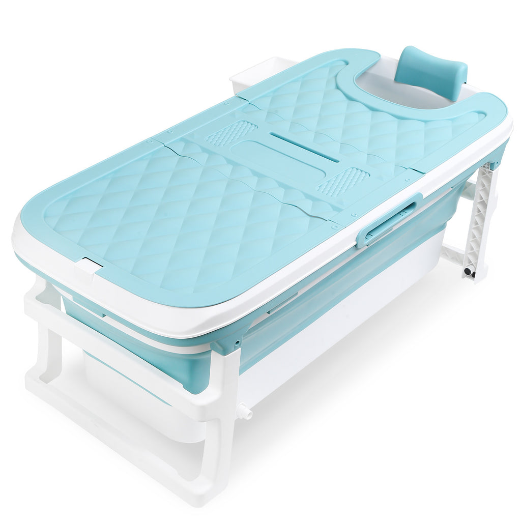 Faltbare Badewanne für Erwachsene, Klappbadewanne mit Abdeckung, Ablagekorb und Doppelablauf, platzsparende mobile Badewanne für Bad Dusche Balkon, Blau