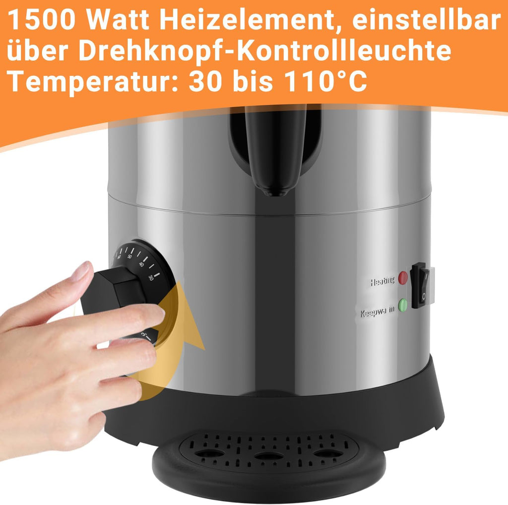 Glühweinkocher 8L, 1500W Glühweinkocher mit Thermostat,Glühweintopf Edelstahl,Einstellbare Temperatur von 30-110°C,Glühweintopf mit Zapfhahn,Heißgetränkeautomat Silber