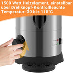 Glühweinkocher 8L, 1500W Glühweinkocher mit Thermostat,Glühweintopf Edelstahl,Einstellbare Temperatur von 30-110°C,Glühweintopf mit Zapfhahn,Heißgetränkeautomat Silber