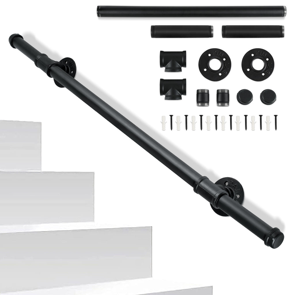 Treppengeländer, Geländer für Innen- und Außentreppen, schwarze Handläufe, wandmontierte Handläufe (inklusive Befestigungszubehör), wandmontierte Halterungen für Treppenhandläufe, geeignet für Treppen, Geländer und Balkone (100 cm/150 cm/200 cm/300 cm)