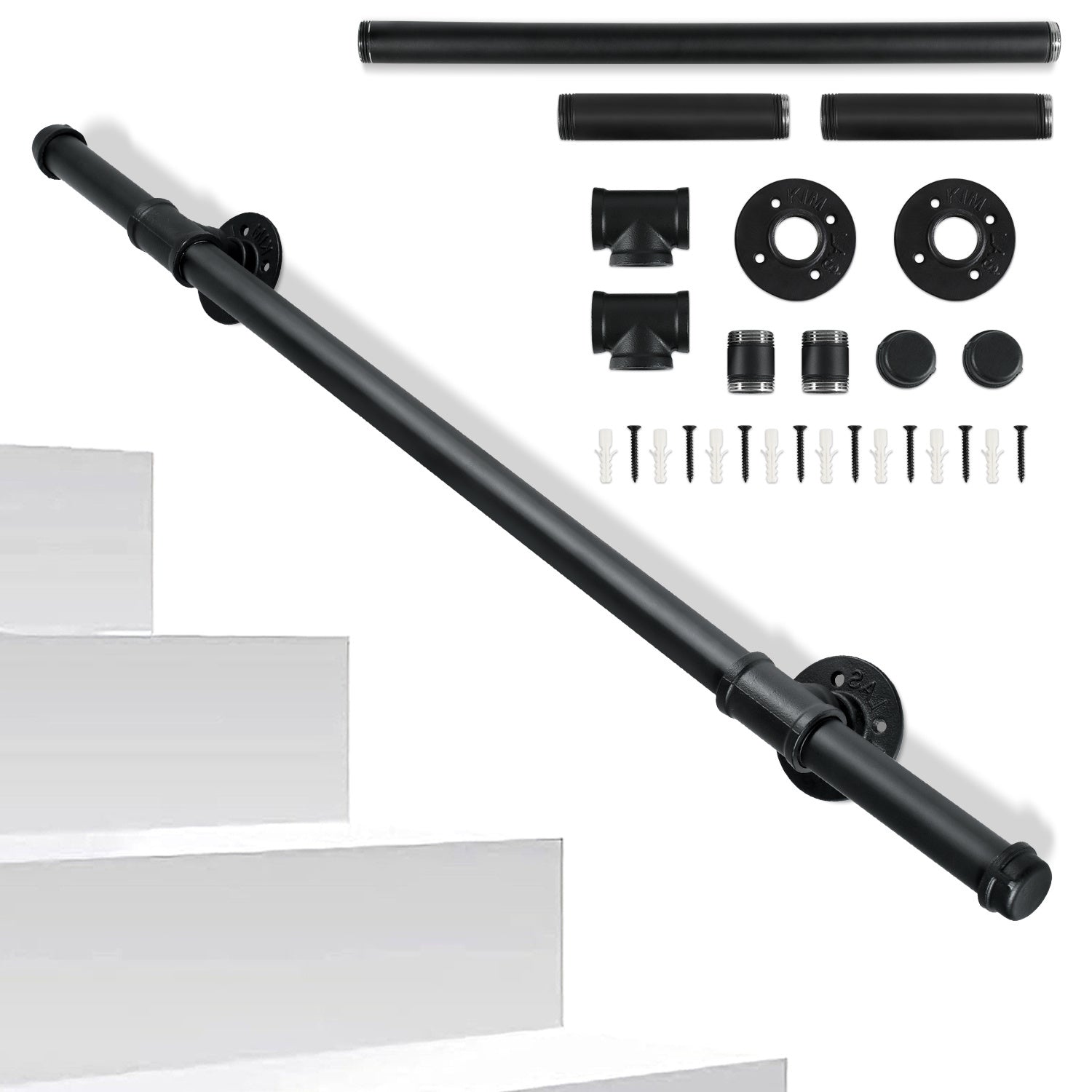 Treppengeländer, Geländer für Innen- und Außentreppen, schwarze Handläufe, wandmontierte Handläufe (inklusive Befestigungszubehör), wandmontierte Halterungen für Treppenhandläufe, geeignet für Treppen, Geländer und Balkone (100 cm/150 cm/200 cm/300 cm)
