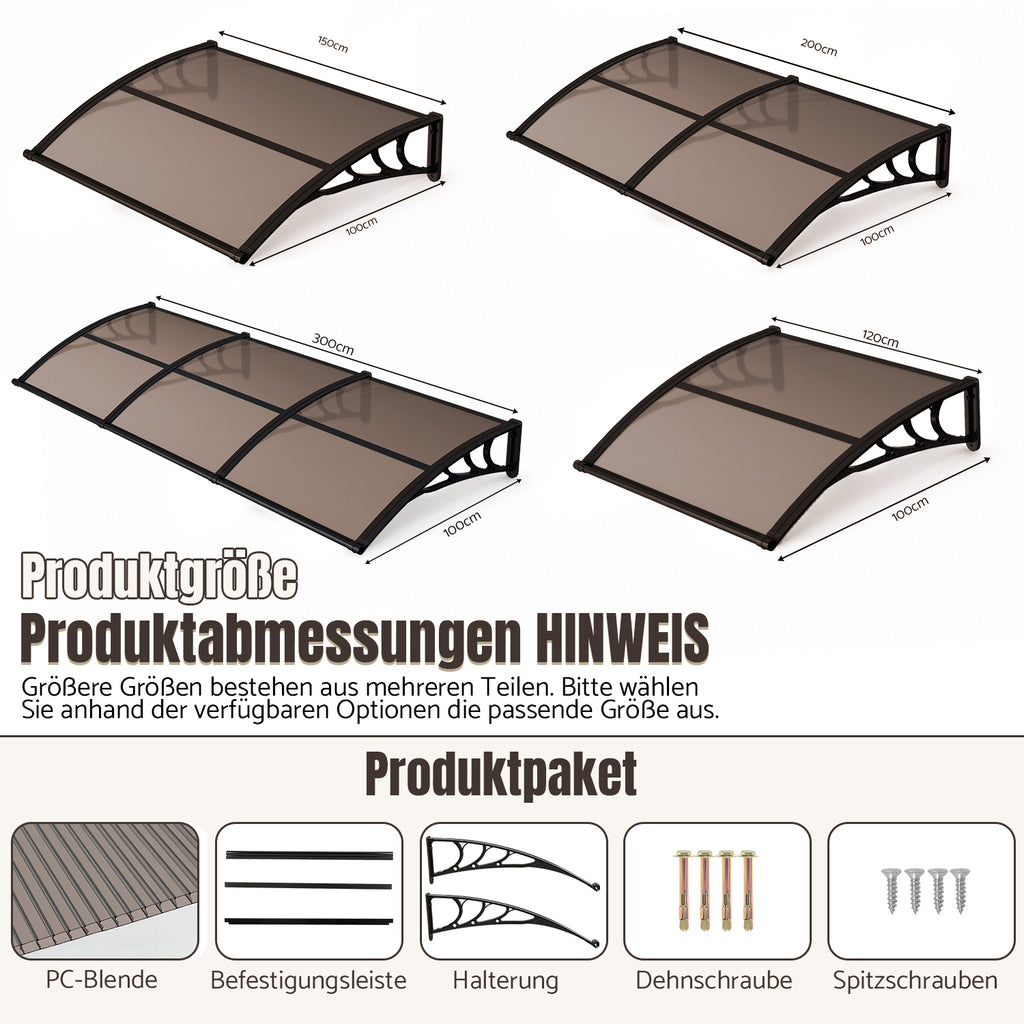 Vordach für Außentüren, halbtransparente, braune PC-Platten + schwarze Verstärkungsstreben, vergrößerte Regenrinne, einseitig geneigtes, gewölbtes Vordach, schützt vor Sonne und Regen, vier Größen: 120 cm / 150 cm / 200 cm / 300 cm