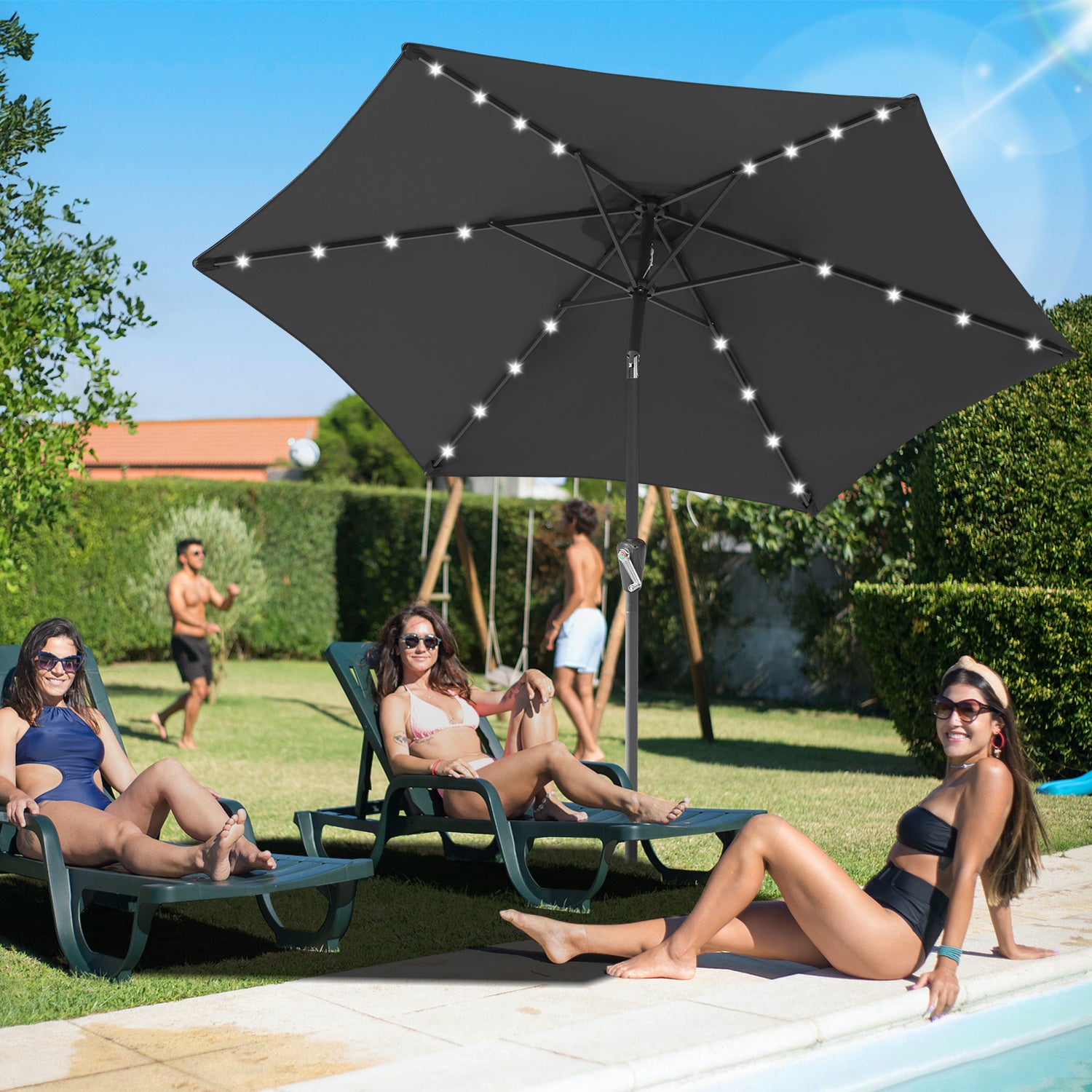 Sonnenschirm 270cm Anthrazit Solar LED Gartenschirm knickbar & ohne Ständer,Terassenschirm Neigungswinkel Sonnenschirme Großschirm für Balkon,Terrasse,Rundschirm mit kurbel, In fünf Farben erhältlich