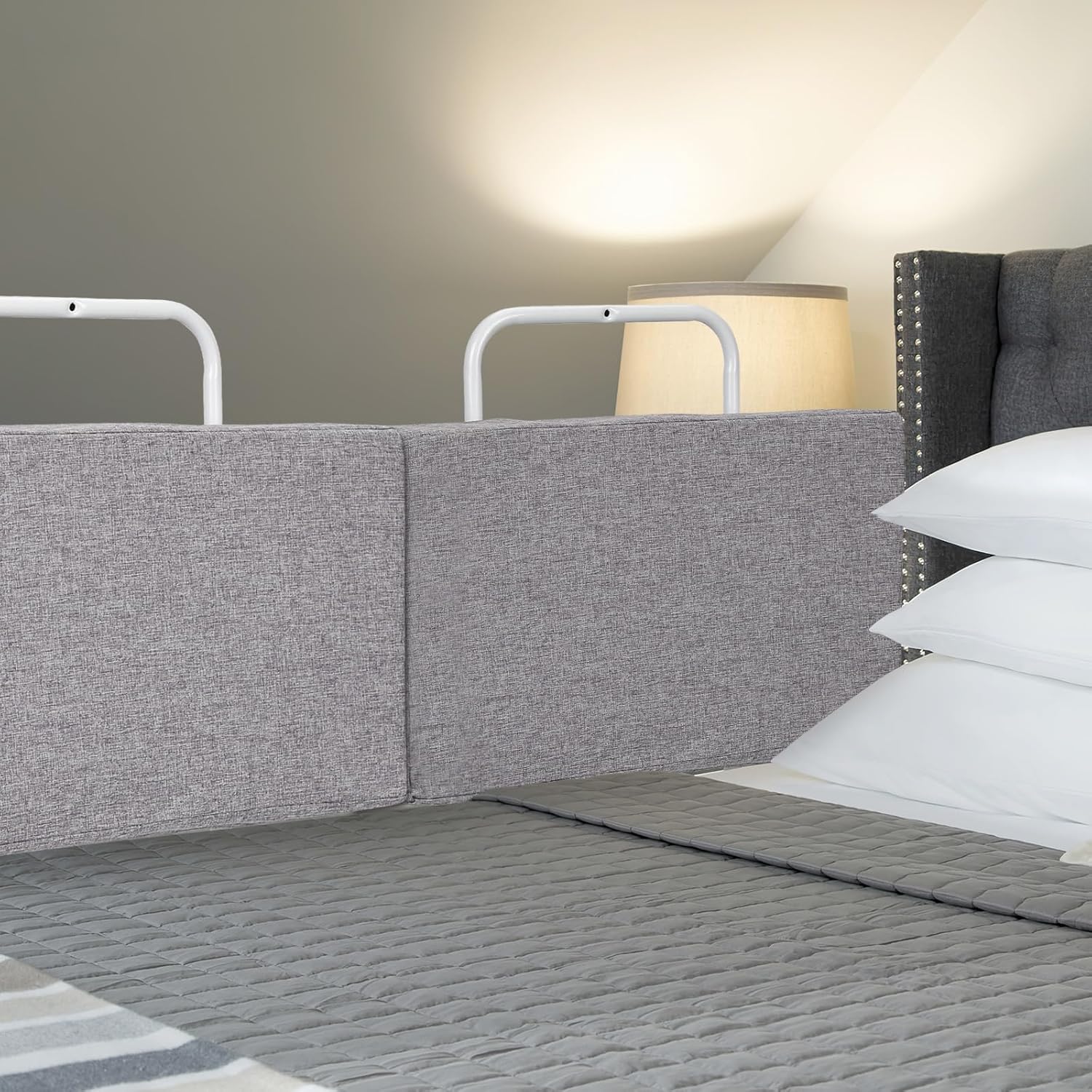 Bettgitter, 50/60 cm, Absturzsicherung, Sicherheitsgitter für Kinderbetten, in 5 Stufen höhenverstellbares Bett, Absturzsicherung, Bettgitter für Kinderbetten, Babybett und Familienbett (Leinen-Grau/Grün), optional