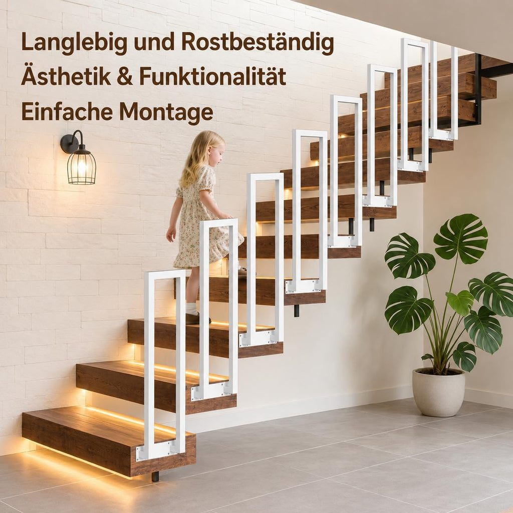 Weiß/Schwarz Treppengeländer Innen, 75/85/95/100/110 cm U-förmiger Treppengeländer, Handlauf aus Metall, Geländer aus Vierkantrohr für Lofts, Villen und Wohnungen, Verbundene Grundplatten, Seitenmontage