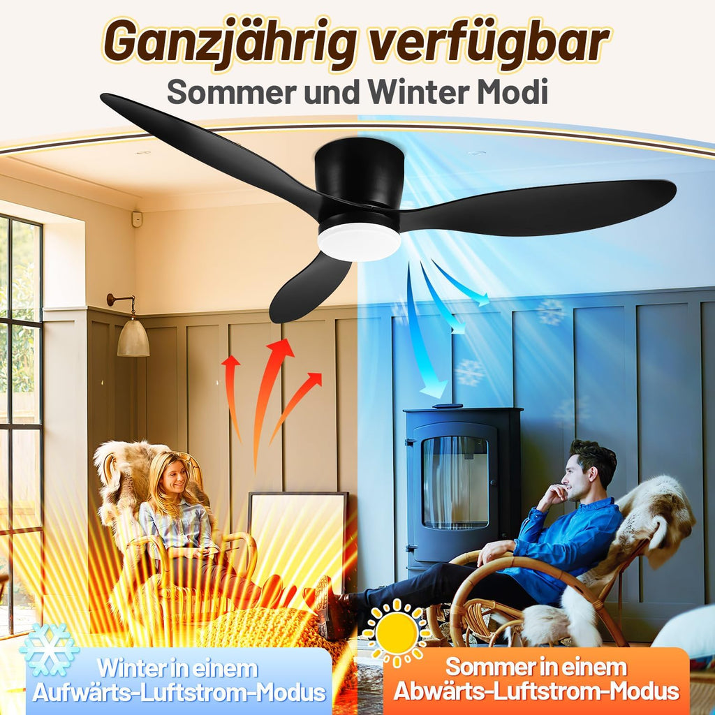 Deckenventilator mit Beleuchtung und Fernbedienung, Ø 132 cm Deckenlampe mit Ventilator dimmbar, 3 Farbtemperaturen und 6 Stufen, Sommer-/Winterfunktion, mit Timer, Schwarz