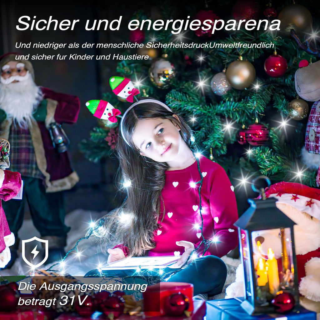 Außenbeleuchtung für 50–200 Meter, 500–2000 LED-Lichter, 8 Leuchtmodi, mit Stecker, Schutzart IP44, für den Innen- und Außenbereich geeignet, ideal für Weihnachten, Ostern, Halloween und Hochzeitsfeiern