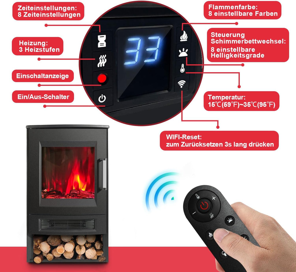 Elektrischer Kamin mit Heizfunktion, LED-Flammen, WLAN-Fernbedienung, Heizgebläse mit Timer, einstellbarem Thermostat, 900 W/1800 W