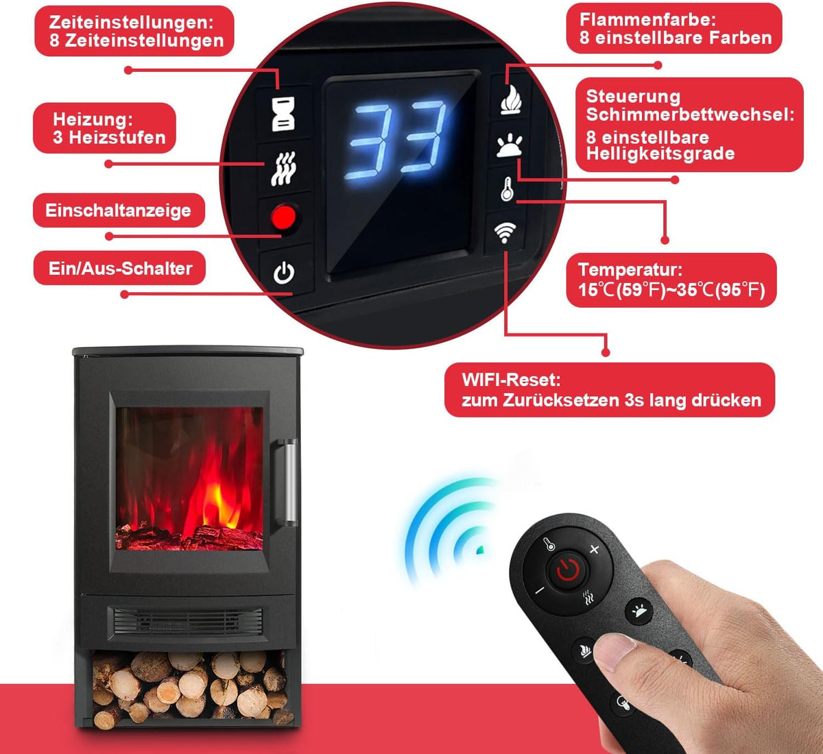 Elektrischer Kamin mit Heizfunktion, LED-Flammen, WLAN-Fernbedienung, Heizgebläse mit Timer, einstellbarem Thermostat, 900 W/1800 W
