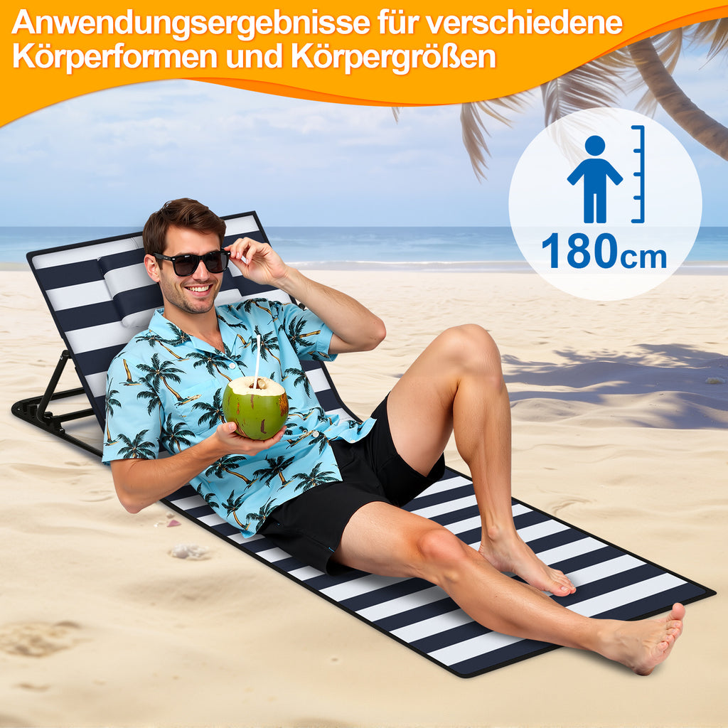 Strandliege Klappbar leicht, strandmatten gepolstert,Strandliege mit Handtasche,Staufächern,eingebautes Kissen mit 5-Gang-Einstellung, verschleißfestes Gewebe(158cm)