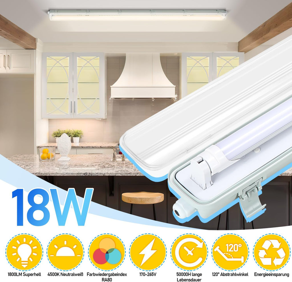 LED Feuchtraumleuchte Wannenleuchte 120cm 18W, 1800 Lumen Neutralweiß 4000K, IP65 Wasserfest mit T8 LED Röhre für Garage Werkstatt Keller Außenbereich
