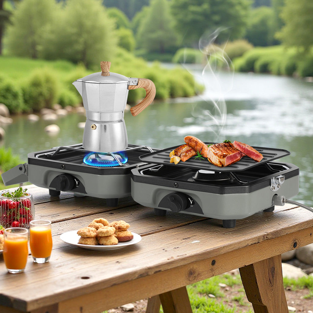 Campingkocher 2 Flammen 4,6 kW mit Grillplatte, Faltbarer Gaskocher mit Zündsicherung, Tragbarer Camping Gaskocher mit 0,5 m Schlauch & Tragetasche, Gasherd für Camping Vanlife Outdoor Küche