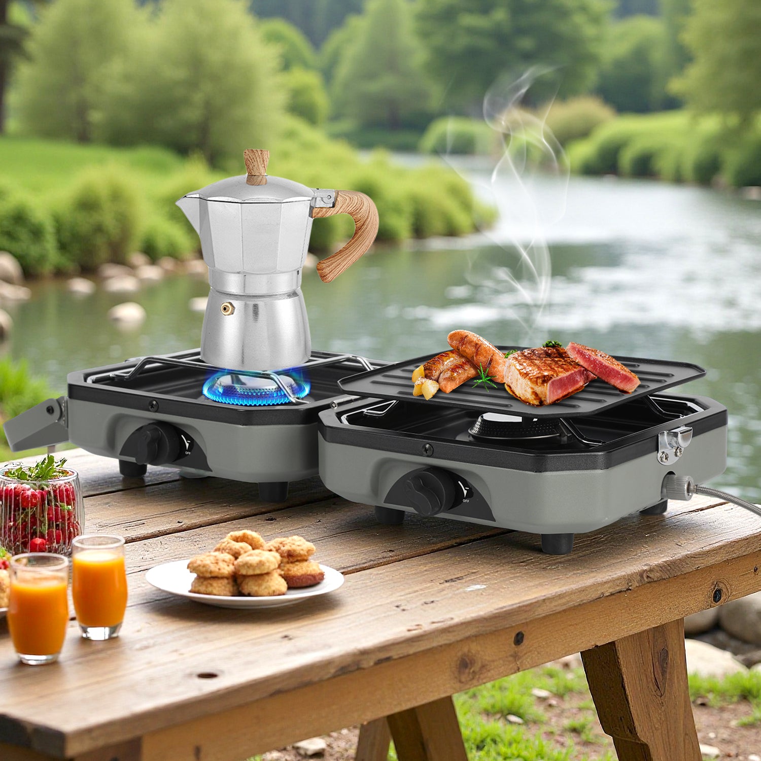 Campingkocher 2 Flammen 4,6 kW mit Grillplatte, Faltbarer Gaskocher mit Zündsicherung, Tragbarer Camping Gaskocher mit 0,5 m Schlauch & Tragetasche, Gasherd für Camping Vanlife Outdoor Küche
