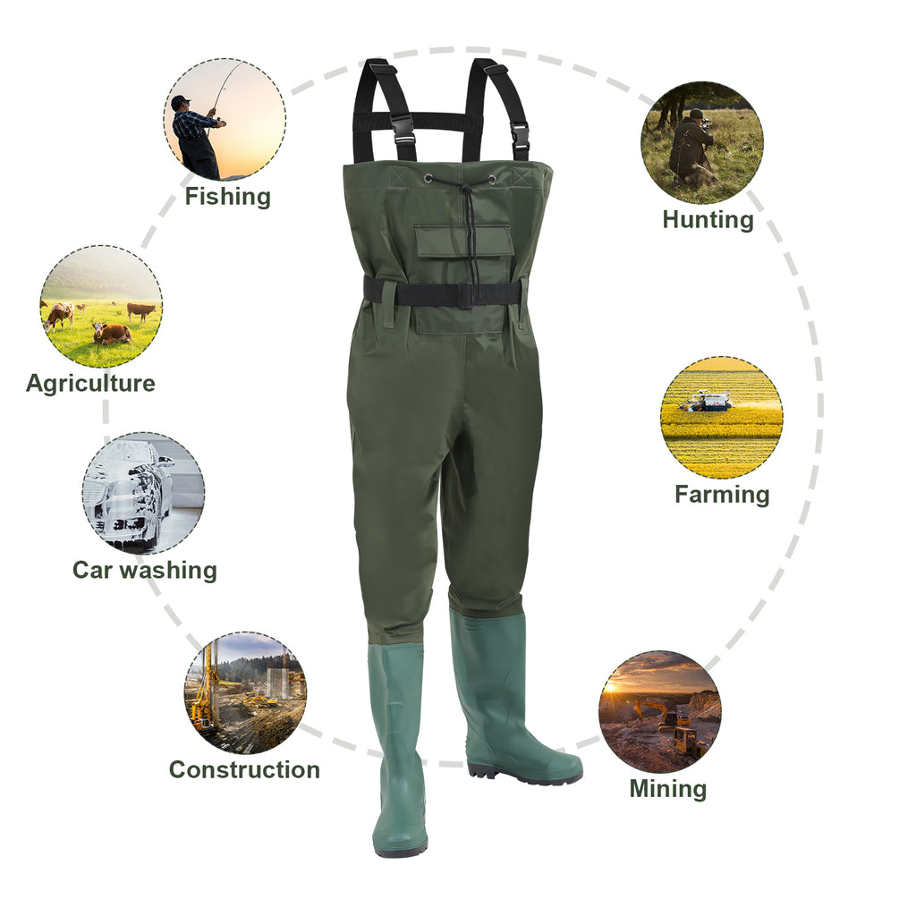 Wathose Herren Größen 42-47, Anglerhose 70D Nylon mit Stiefel, PVC Watthosen Wasserdichtl mit Haken, Angelhose mit Verstellbarer Schultergurt, Fischerhose für Baustellen, Gärten