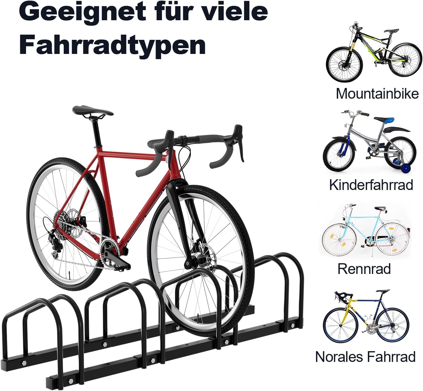 Fahrradständer für 2/3/4/5/6 Fahrräder, bodenmontierter Fahrradständer, Radabstand 30 cm, geeignet für Reifenbreiten von 35–55 mm, für die Montage am Boden oder an der Wand geeignet, schwarz