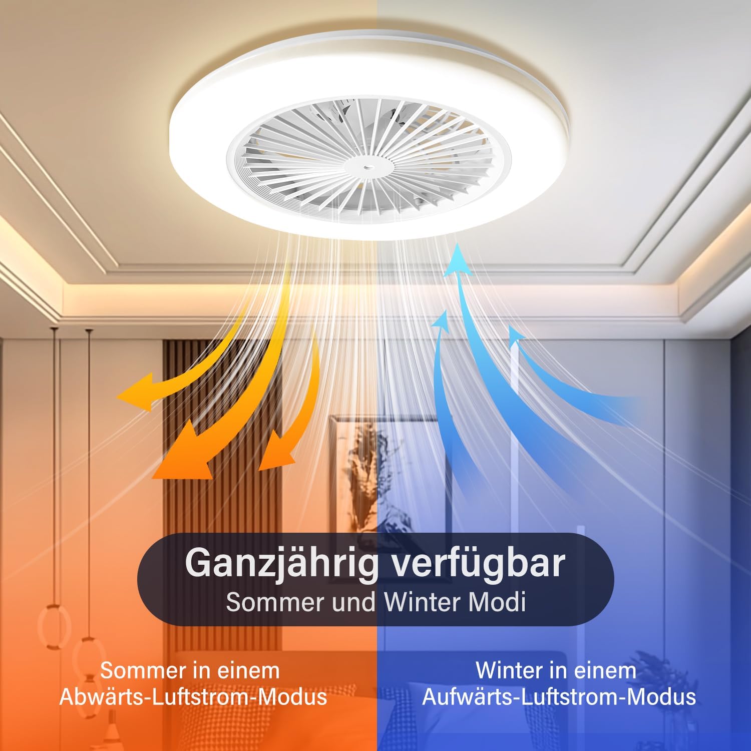 Deckenventilator Mit Beleuchtung, Smart RGB LED Fan Licht, φ50cm Deckenleuchte mit Ventilator, dimmbar, App und Fernbedienung, 6-Gang, 3 Farbtemperatur, Timer, Sommer/Wintermodus