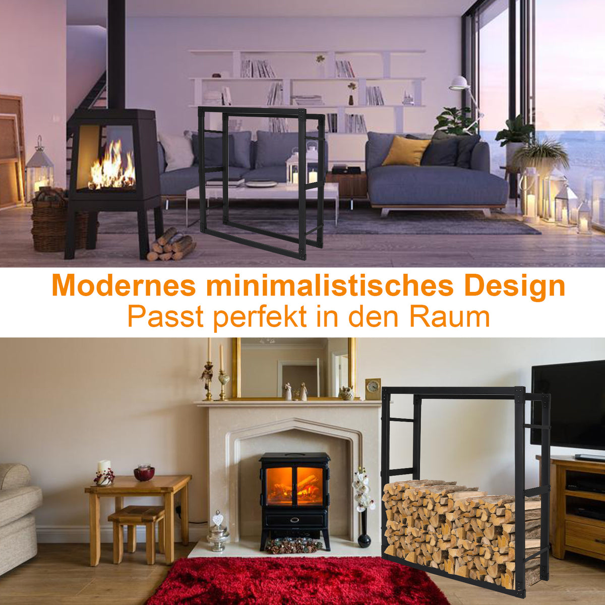 Holzregal, schwarzes Metall-Holzregal, Holzscheite, Hilfsmittel zur Lagerung im Innenbereich, Holzregal, Holzhalterung, Holzaufbewahrungsregal, in verschiedenen Größen erhältlich