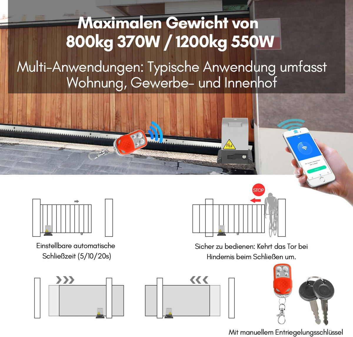 Schiebetorantrieb Garagentorantrieb, Schiebetorantrieb Set mit Fernbedienungen und WLAN-Funktion, Automatischer Flügeltorantrieb Torantrieb Wasserdicht