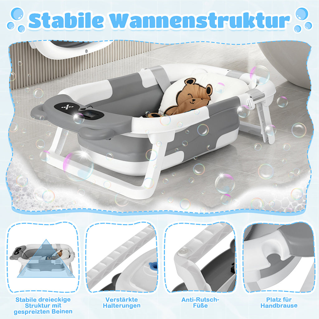 Babybadewanne, Kinderbadewanne, 0–12 Monate, zusammenklappbare Badewanne, grauer Bär (mit Badematte)