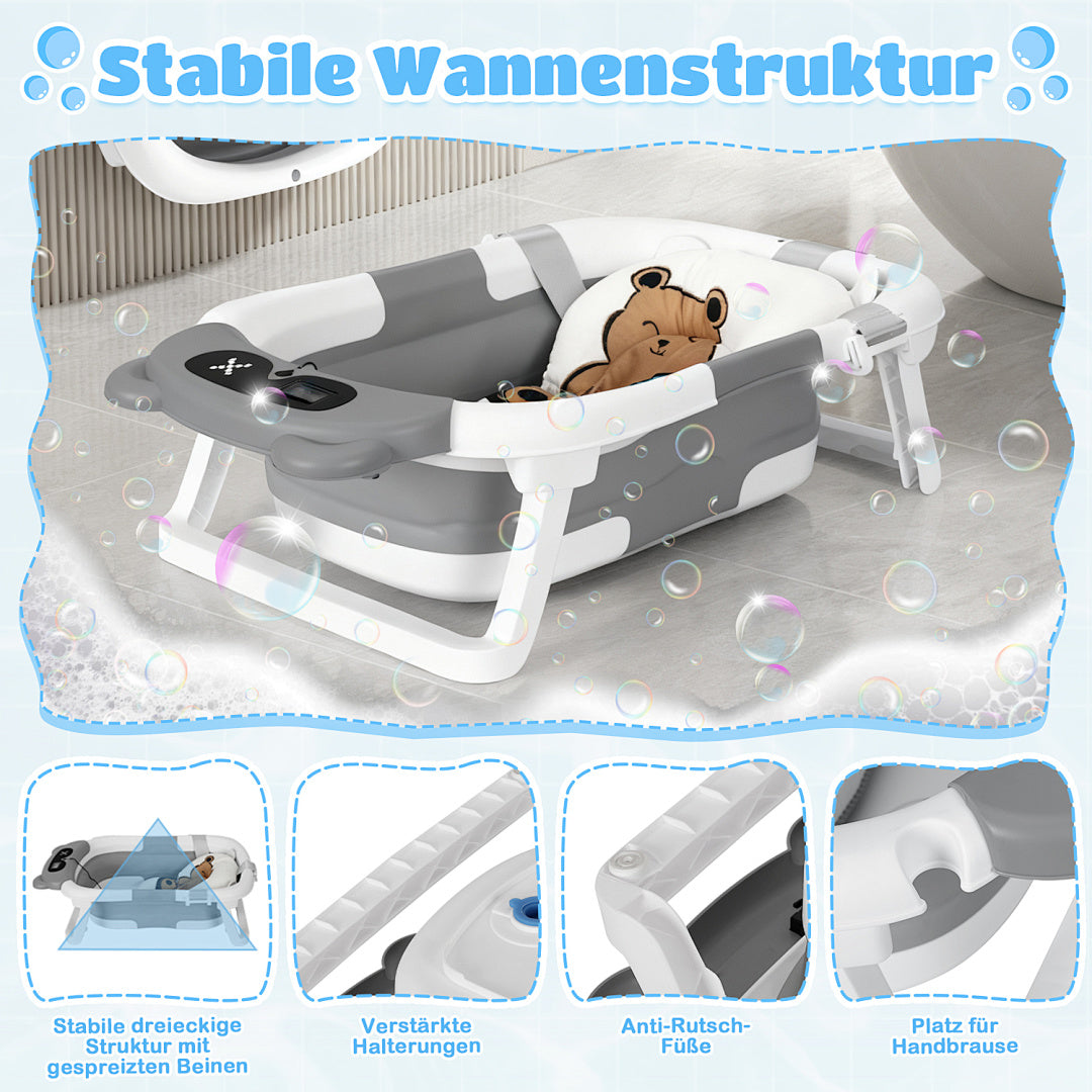 Babybadewanne, Kinderbadewanne, 0–12 Monate, zusammenklappbare Badewanne, grauer Bär (mit Badematte)