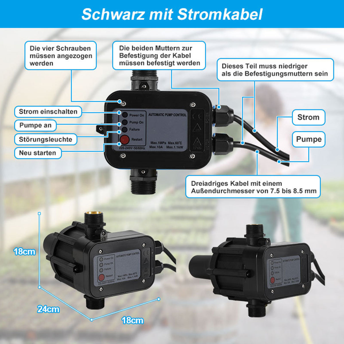 Pumpensteuerung, Druckschalter mit Kabel, 10 bar, mit Bar-Anzeige, der Druckschalter überwacht den Wasserdruck – automatisches Ein- und Ausschalten, Gartenhäuschen