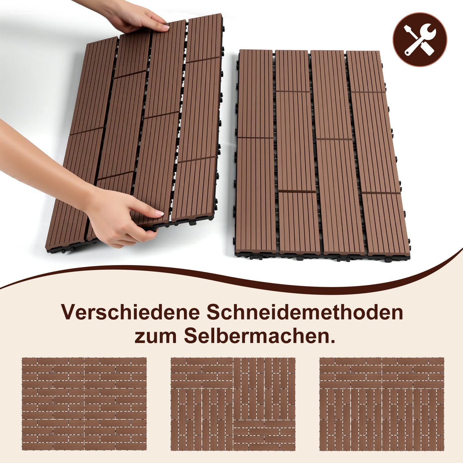 30 x 60 cm WPC-Terrassenfliesen , Klick-Verlegesystem, Teakholzfarben/Rotbraun/Dunkelgrau, 1–5 m² | WPC-Fliesen, Balkonfliesen, witterungsbeständige Platten mit Entwässerungsfunktion, einfache Verlegung, geeignet für Terrassen, Balkone und Gärten
