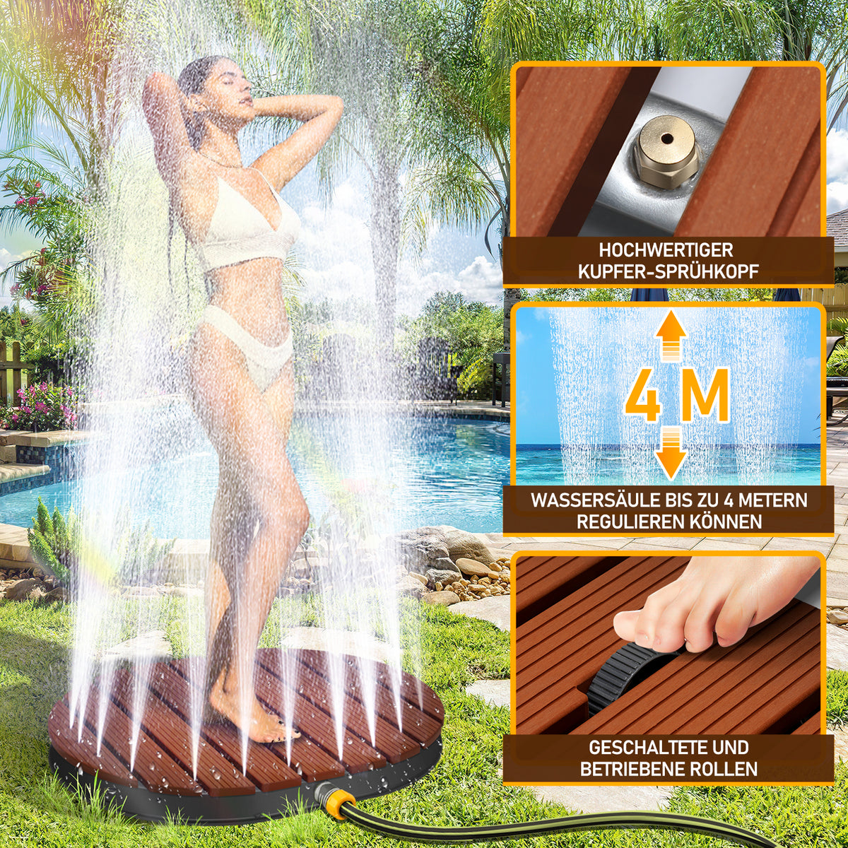 Bodendusche Gartendusche mit Fußrad und Kupfer-Düsen Pooldusche Bis 4m Fontänenhöhe Außendusche aus Aluminium rutschfeste Wetterfest Aussendusche für Pool Sauna