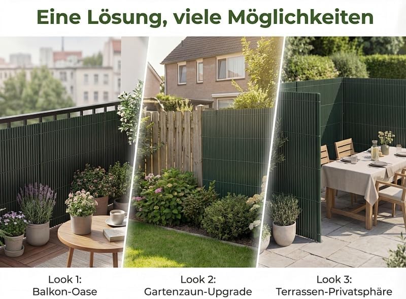 PVC Sichtschutzmatte Balkon Grün – Rundrohr mit Verstärkungsstreifen, Balkon Sichtschutz ohne Bohren, Windschutz & Sichtschutz für Gartenzaun, Terrasse & Geländer