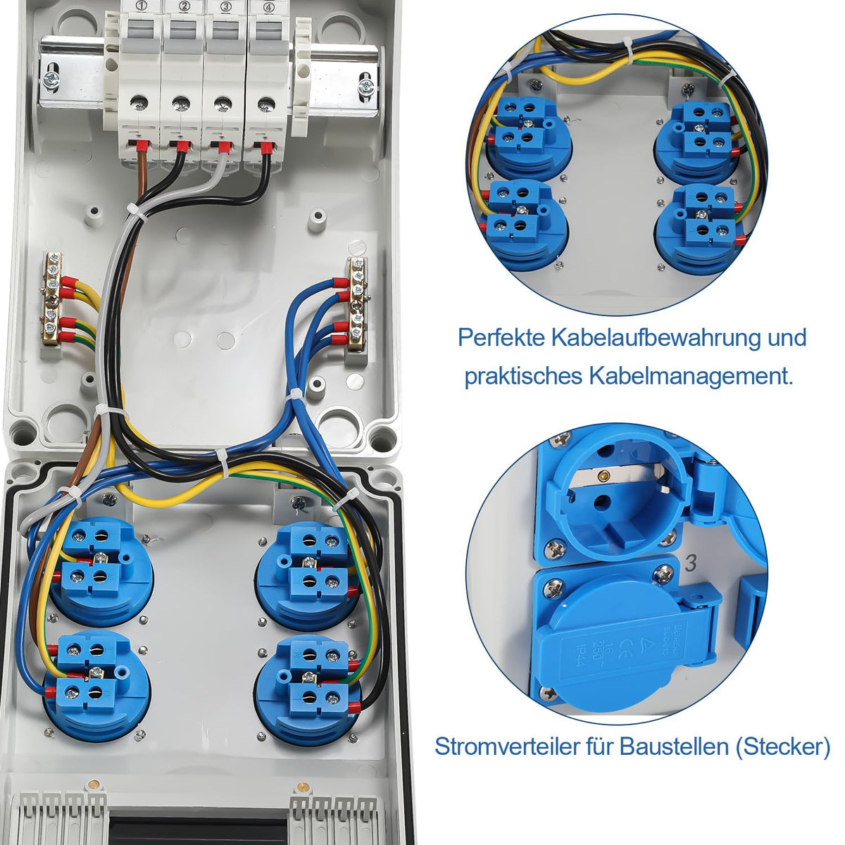 Wandverteiler, Baustromverteilerkasten mit 4xSchuko-Steckdose16A 250V, 4xCEE Steckdosen 16A 1P, Baustromverteiler mit Leitungsschutzschalter und Wasserdichte für Innen und Außen