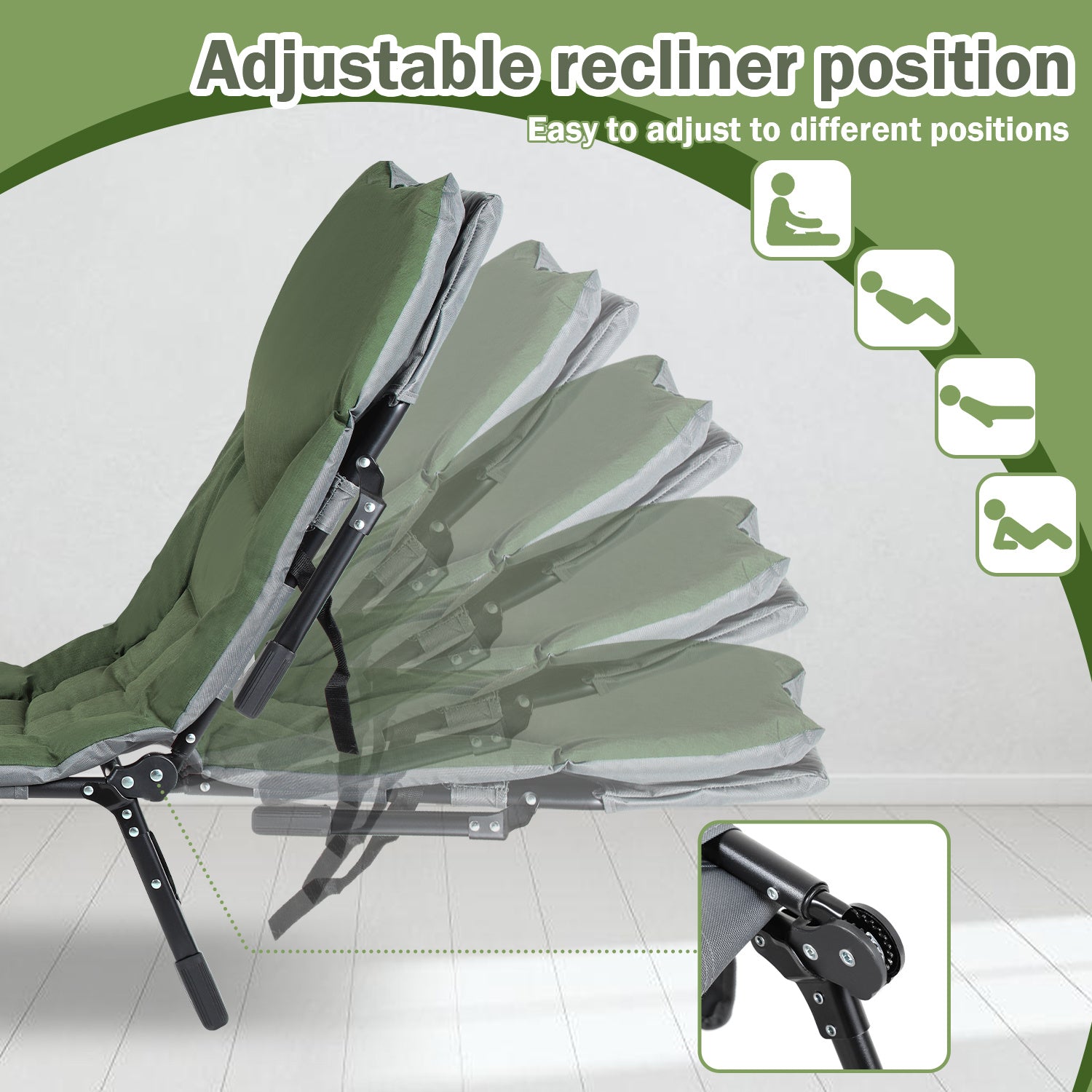 Angel- und Freizeitliege 195 x 65 x 32 cm, Belastbarkeit bis zu 160 kg, Campingliege, höhenverstellbar, klappbares Campingbett, inklusive Aufbewahrungstasche, geeignet für Camping, Angeln und den Garten, grün