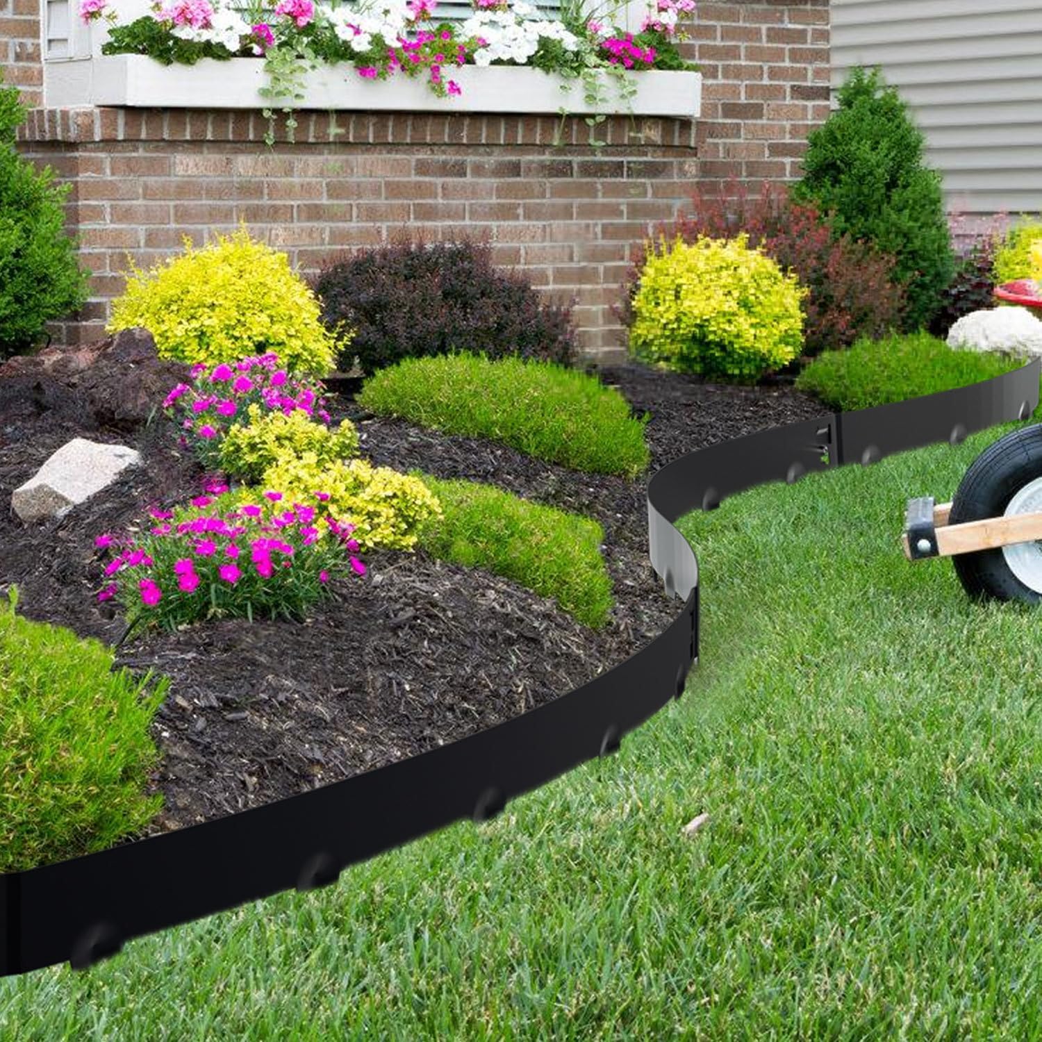 Rasenkante mit Dornen, 100x15cm Rasenkante Metall Beetumrandung, Beeteinfassung Flexible Verformbar Metall Palisade für Garten Bauernhof, Silber/Schwarz