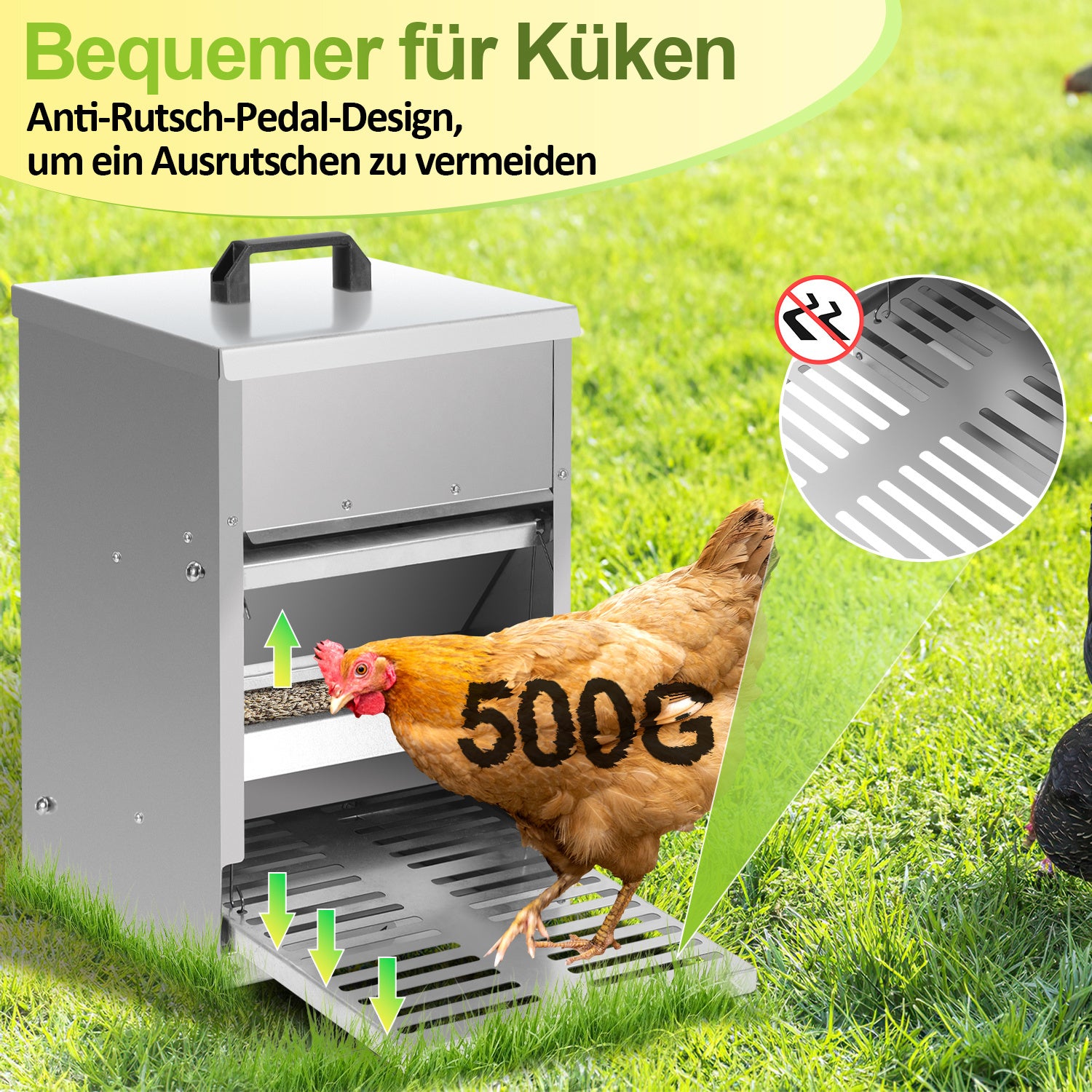 5-kg-Futterautomat für Hühner – Automatischer Futterautomat mit Fußschalter und Mäuseschutz, wasserdichter, verzinkter Futterbehälter für Hühner, Enten und Geflügel – Futtertrog mit Deckel, rostfrei und wetterfest