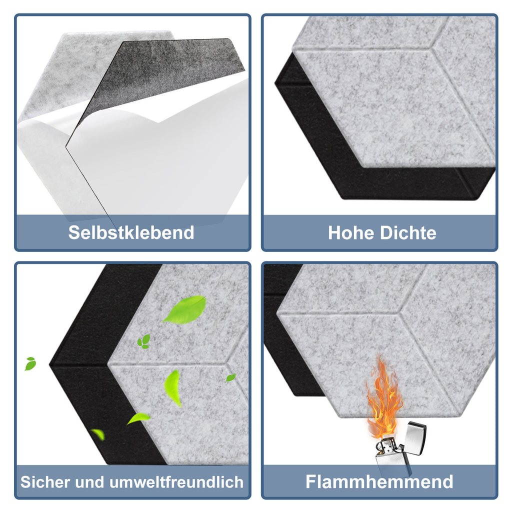 12–36 Stück selbstklebende Akustikplatten, schwarz/grau, aus hochdichtem Dämmmaterial, geeignet für Wandverkleidungen und Schallschutz, ideal für Tonstudios und die Wohnraumgestaltung, sechseckige Rautenform mit Rillen (30 x 26 x 0,9 cm)
