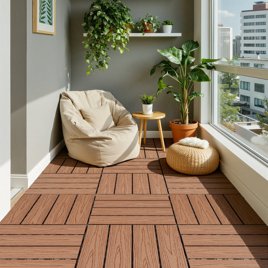 WPC-Terrassenfliesen in Holzoptik, 30 x 30 cm, WPC-Bodenfliesen, Terrassen- und Balkonfliesen mit Klicksystem und Entwässerungsfunktion, wasserfest und rutschfest, Teakholzfarben/Rotbraun/Dunkelgrau, 1–5 m²