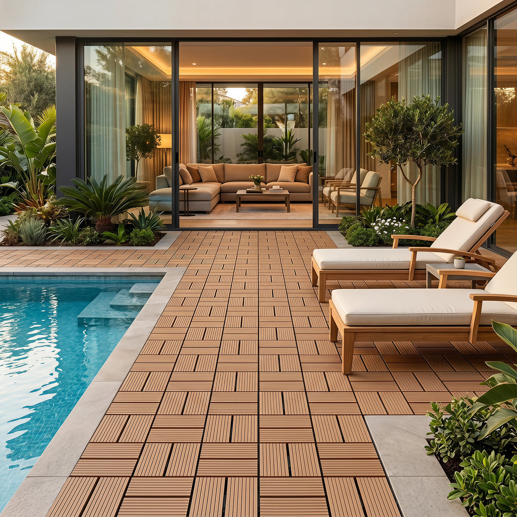 8 Streifen | 30 x 30 cm WPC-Terrassenfliesen 1–5 m², Teakholz-Optik/Rotbraun/Dunkelgrau | Wasserfeste, verlegbare und wasserdurchlässige Fliesen, geeignet für Balkone, Terrassen, Gärten und Außenbereiche