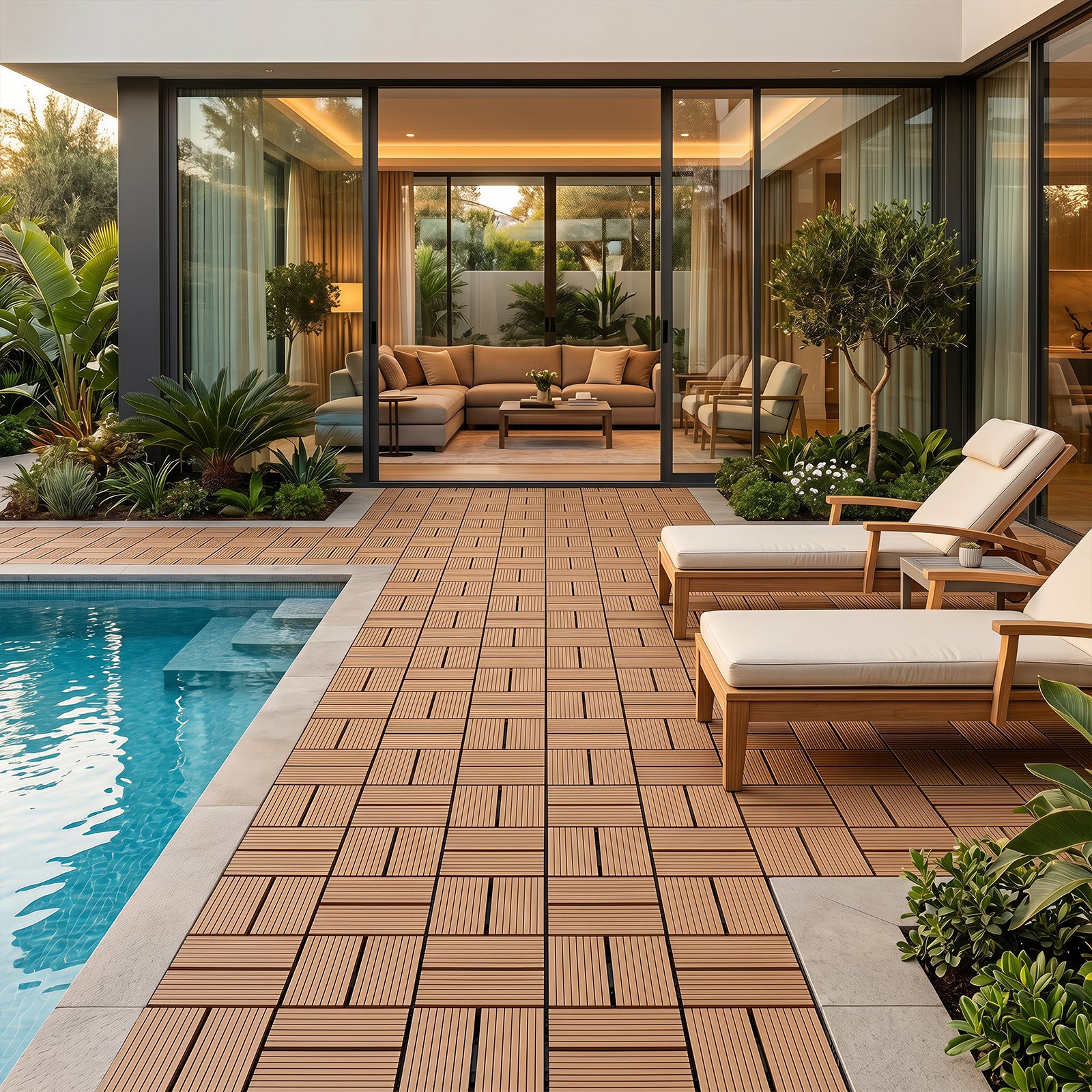 8 Streifen | 30 x 30 cm WPC-Terrassenfliesen 1–5 m², Teakholz-Optik/Rotbraun/Dunkelgrau | Wasserfeste, verlegbare und wasserdurchlässige Fliesen, geeignet für Balkone, Terrassen, Gärten und Außenbereiche