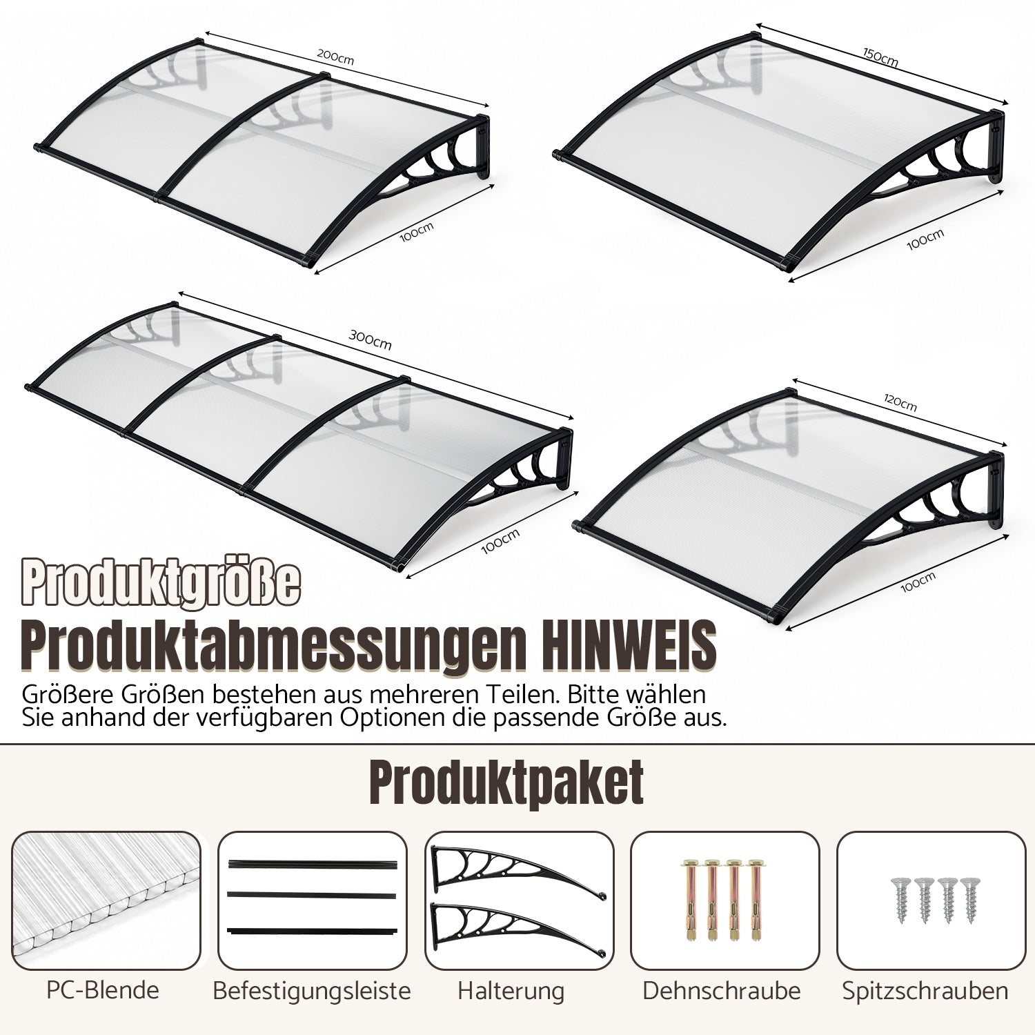 Vordach für Außentüren, mit vergrößerter Regenrinne, einseitig geneigtes, gewölbtes Vordach, schützt vor Sonne und Regen, vier Größen: 120 cm / 150 cm / 200 cm / 300 cm