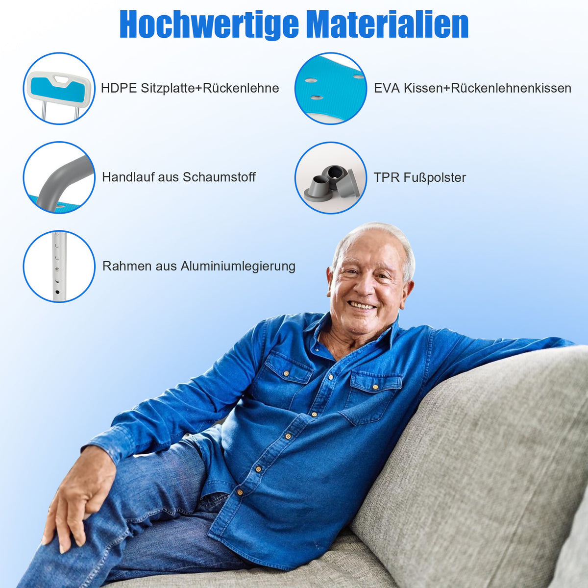 Duschhocker für Senioren mit Rückenlehne und Armlehne, höhenverstellbar, bis 136 kg belastbar Duschstuhl Duschsitz Badhocker Modern Badezimmerhocker