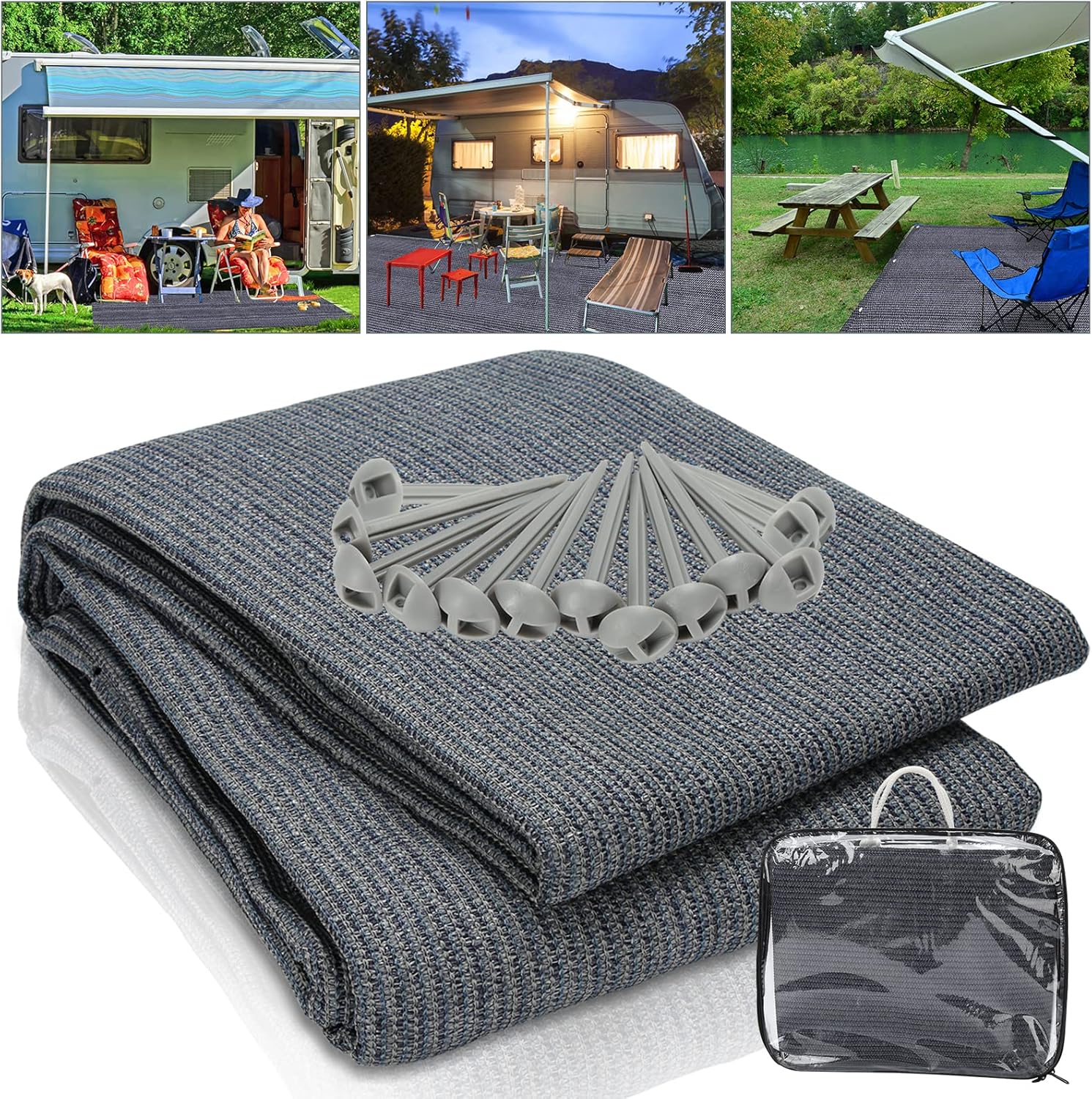 Vorzeltteppich Markisenteppich, Campingteppich atmungsaktiv rutschfest,Waschbare, Zeltteppich mit 12 Löchern, 13 Heringe und Tragetasche,Vorzeltboden Verschiedene Größen(Grau Blau)