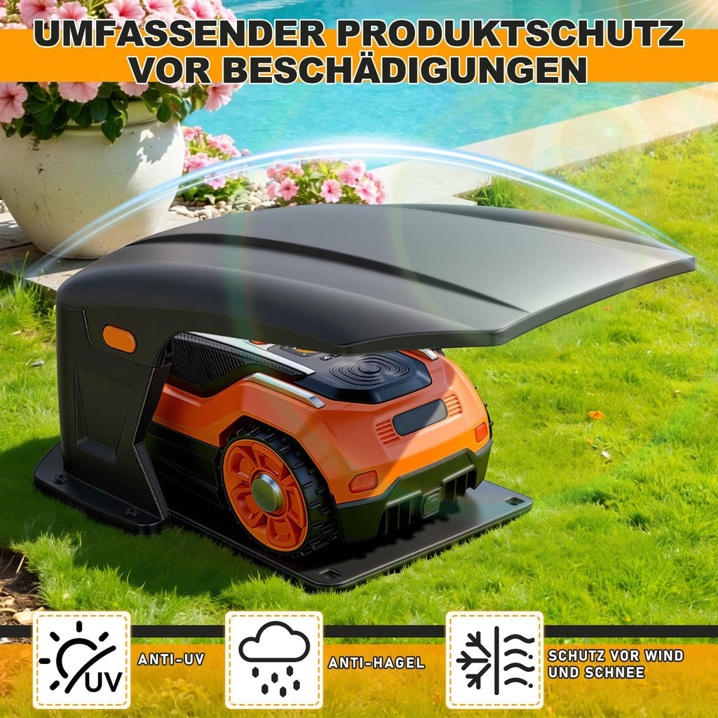 Hochklappbar Mähroboter Garage Kompatible Ladestationen Schutzüberdachung für Rasenroboter Zubehör für Mähroboter Keine Signalblockierung UV-Schutz, Gegen Regen und Hagel 70.5x57x33cm