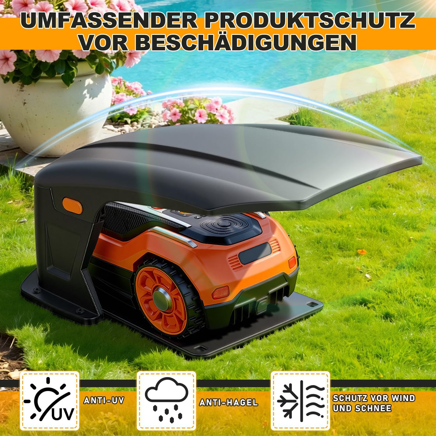 Hochklappbar Mähroboter Garage Kompatible Ladestationen Schutzüberdachung für Rasenroboter Zubehör für Mähroboter Keine Signalblockierung UV-Schutz, Gegen Regen und Hagel 70.5x57x33cm