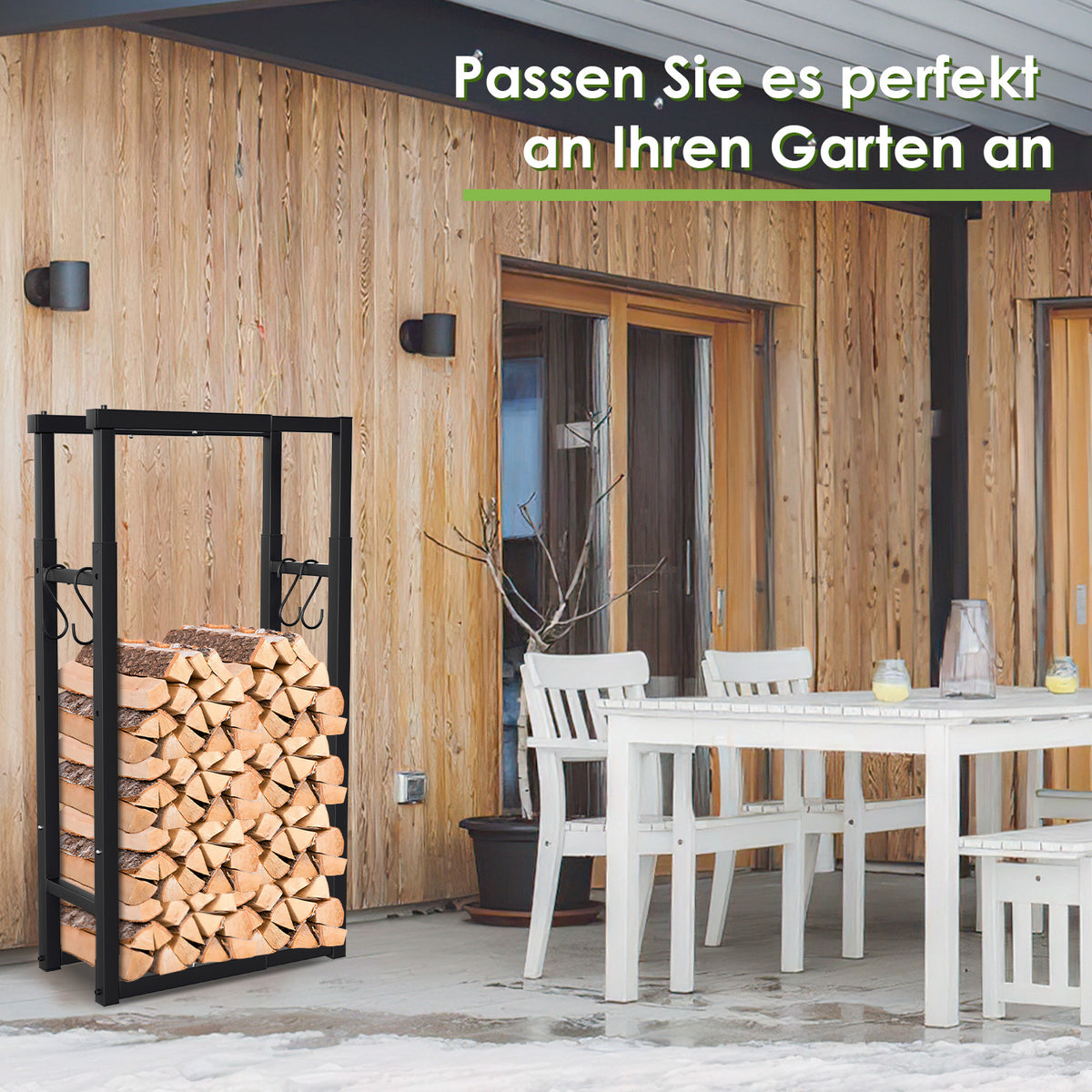 Verstellbares Kaminholzregal, in 9 Größen verstellbar, Kaminholzregal mit 4 Haken, Kaminholzhalterung, Kaminholzregal zur Aufbewahrung von Kaminholz, Stapelhilfe, für den Innen- und Außenbereich geeignet