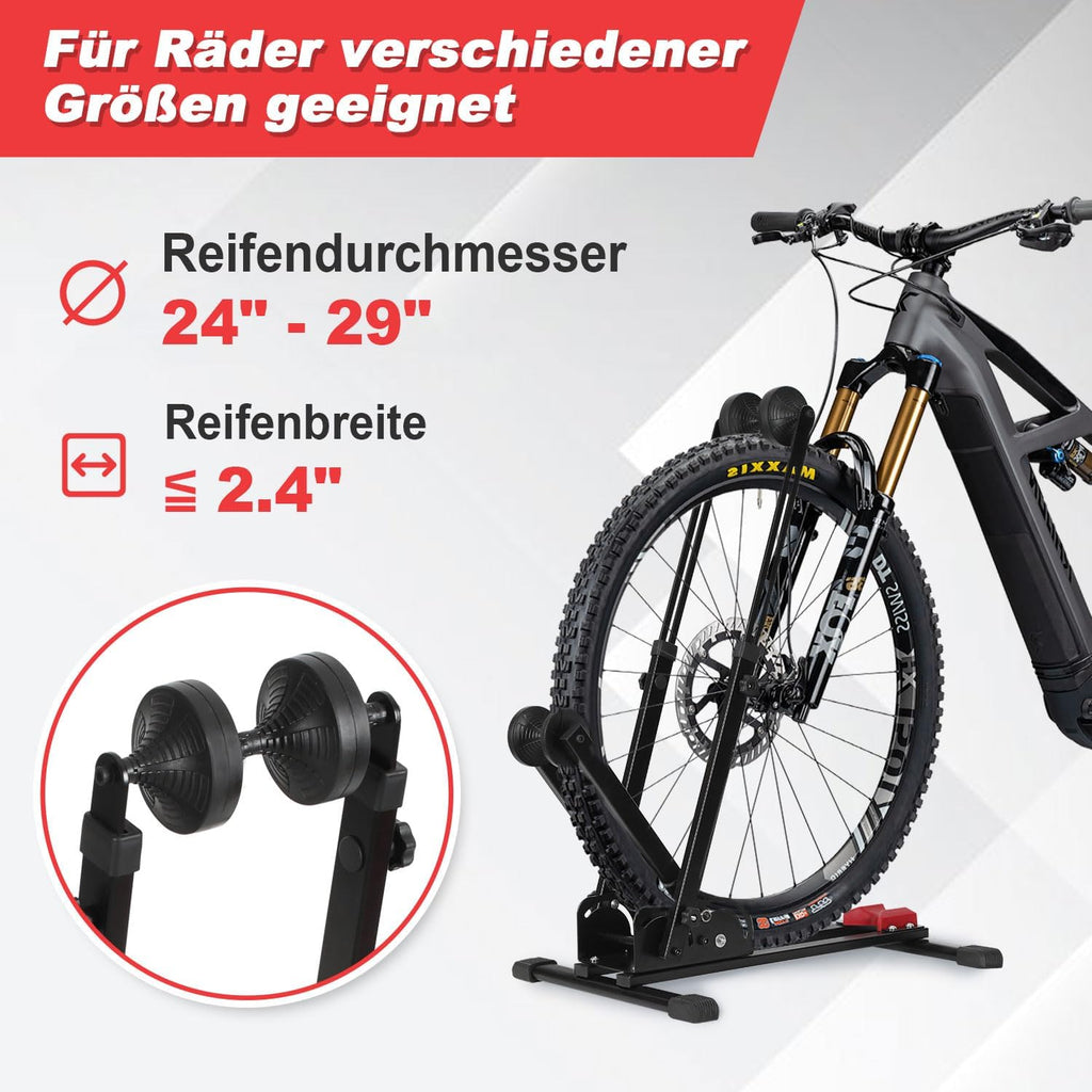 3-in-1-Klappfahrradständer, vertikale oder horizontale Aufstellung möglich, keine Bohrungen erforderlich, geeignet für 24–29 Zoll, robuste Konstruktion aus Kohlenstoffstahl, rutschfeste Unterlegmatten, geeignet für Garagen, Wohnungen und Keller