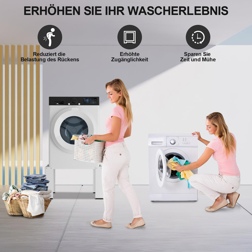 Waschmaschinen-Untergestell mit höhenverstellbarer Ablage 60.6x60.6x40 cm, 150 kg belastbar, Ablage 30 kg, 3 Höhen (5/10/15 cm), Anti-Rutsch & Gummifüße, Weiß