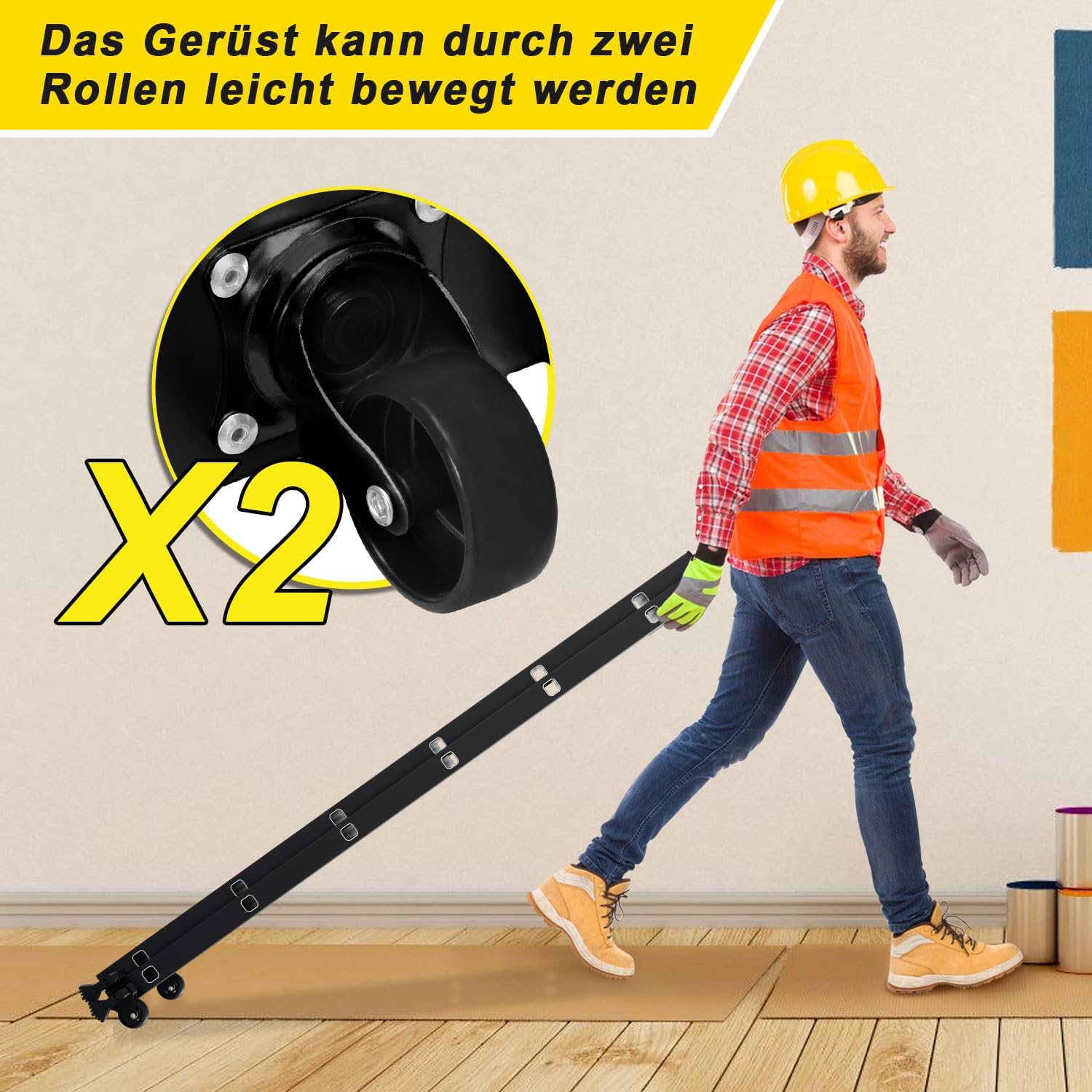 Gerüst, 4 in 1 Alu Multifunktionsleiter 6+6 Stufen, Mobile Mehrzweckleiter mit Plattform und 2 Räder, Arbeitsgerüst, Arbeitsbühne, Belastbar bis max. 150 Kg