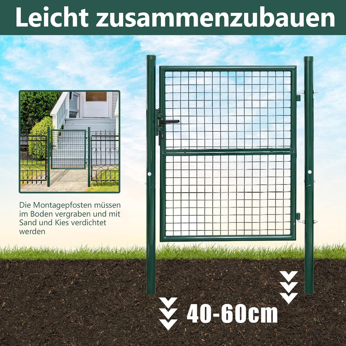 Gartentor 100x100cm/120x100cm/150x100cm Zauntor Gartentür aus verzinktem Stahl inkl. Griff Schloss und 3 Schlüssel Robust und Langlebig Hoftor für Stabmattenzau Pforte Einfahrtstür Grün