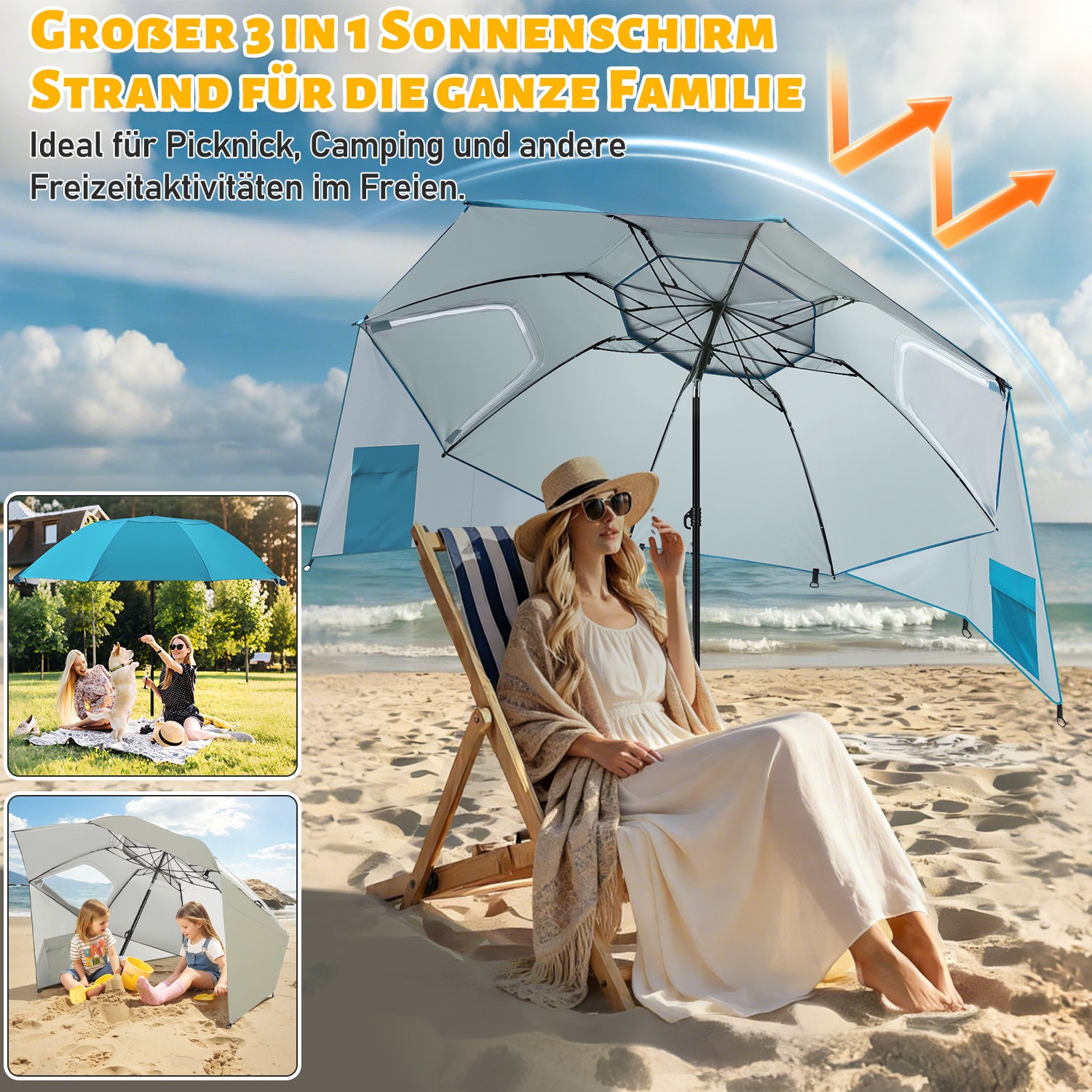 Strand-Sonnenschirm 2-in-1 – Kombinierter Schirm für Strand und Garten, geeignet für 2–4 Personen, UV50+ Sonnenschutz, multifunktionaler Sonnenschirm, Durchmesser 210 x 220 cm, mit Sichtfenster und Tragetasche, zusammenklappbar