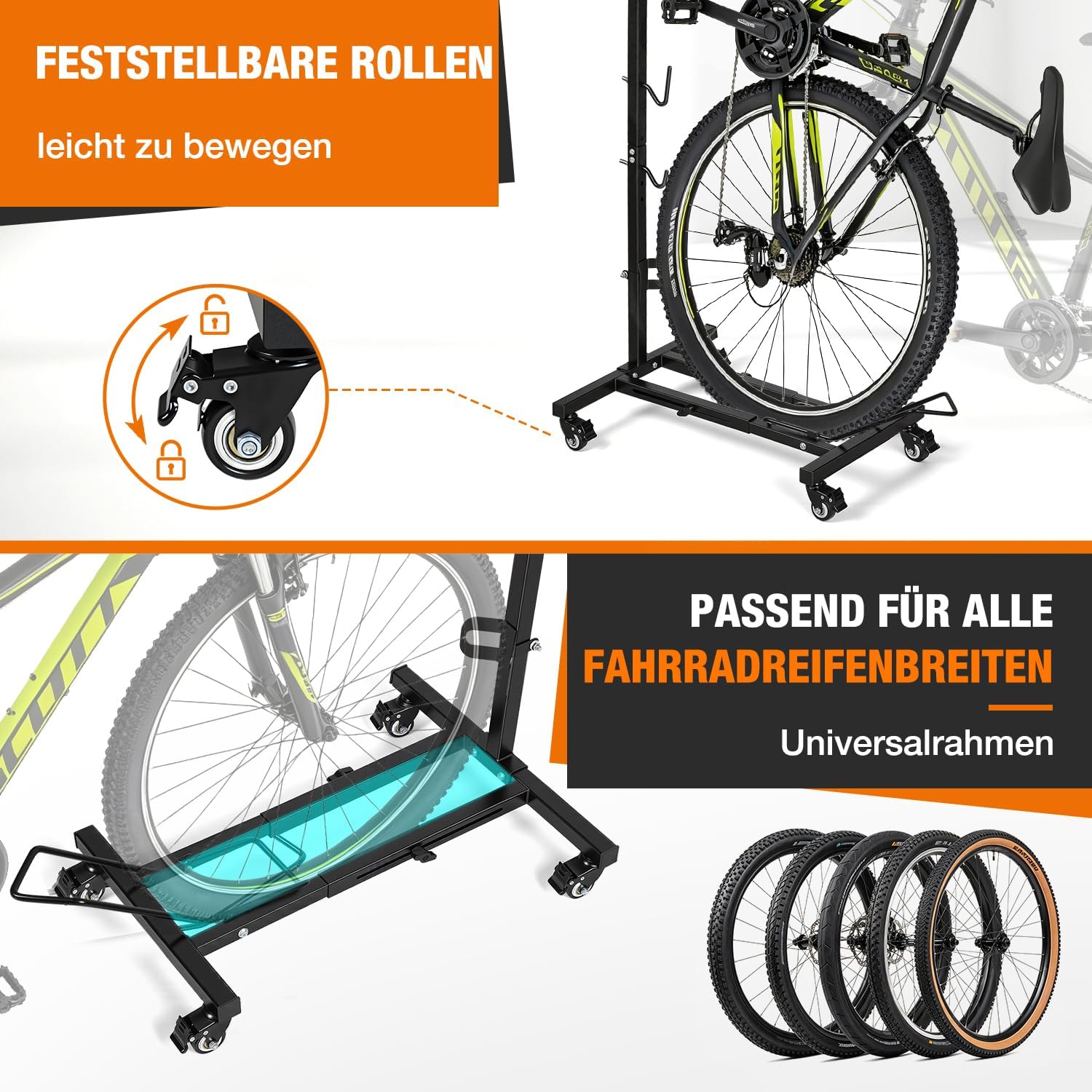 3-in-1-Fahrradständer, 6-stufige Höhenverstellung, vertikaler Fahrradständer mit Feststellrädern, keine Bohrungen erforderlich, schwarz